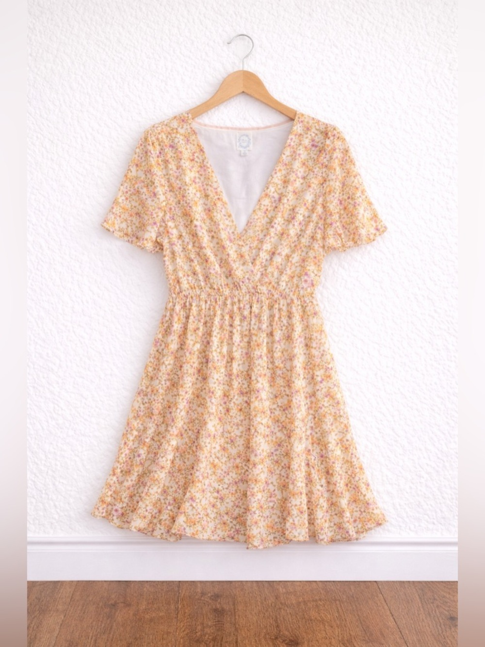 Yellow Floral Mini Dress V Neck Flowy Spring Summer Dress Size S